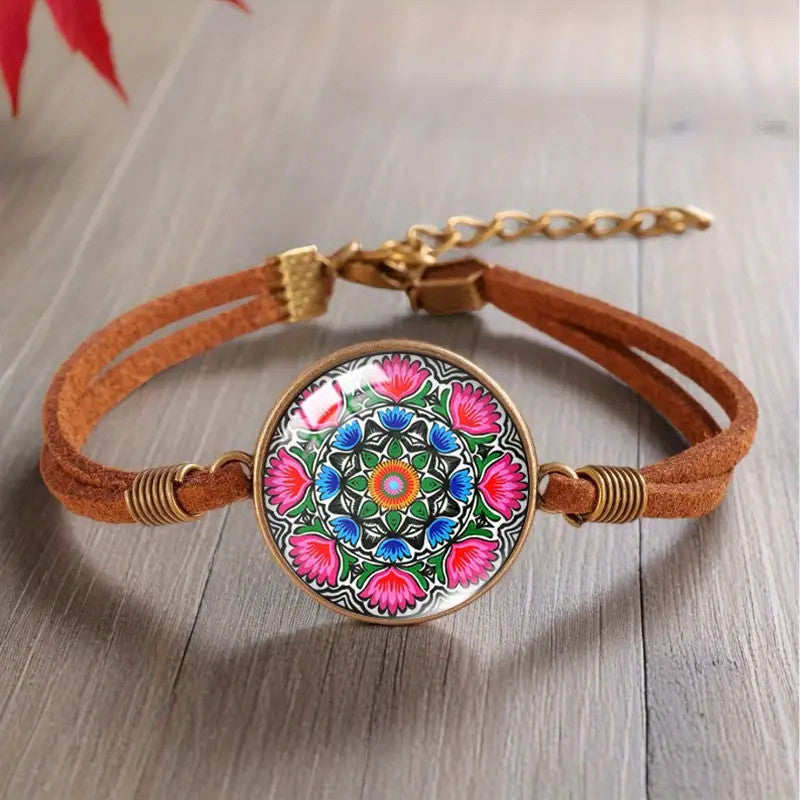 Polish Folk Art Faux Leather Bracelet (Pink Folk)