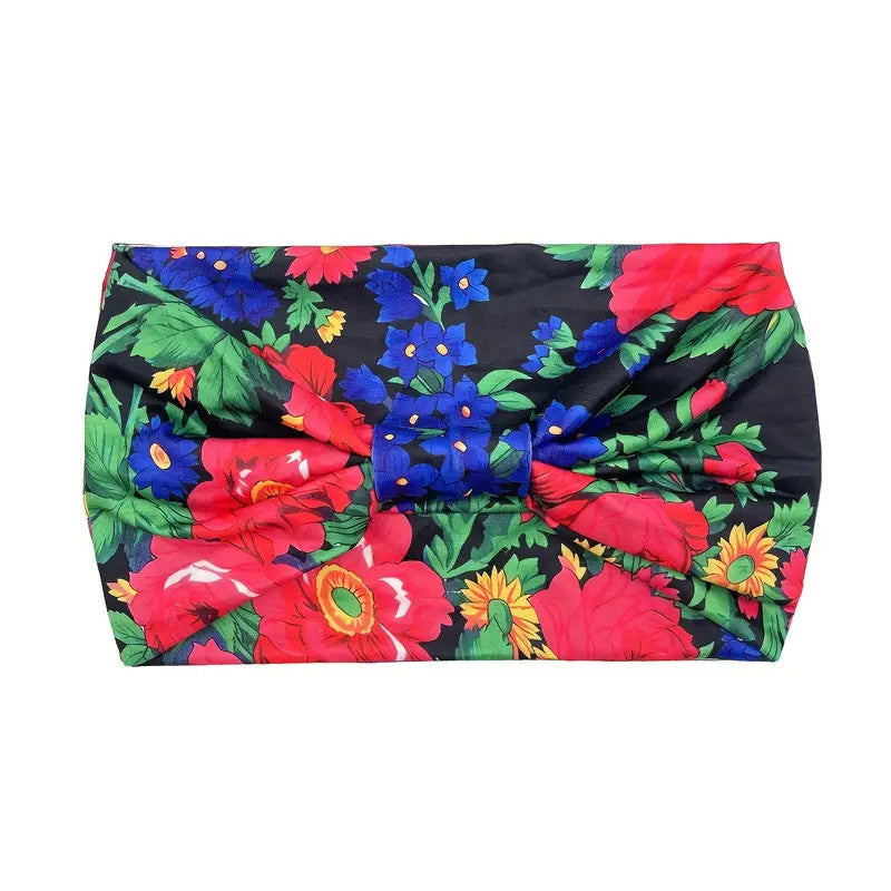 Polish Folk Floral Knotted Wide Elastic Headband (Black)