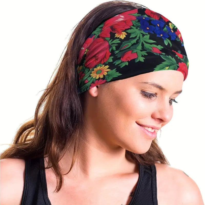 Polish Folk Floral Knotted Wide Elastic Headband (Black)