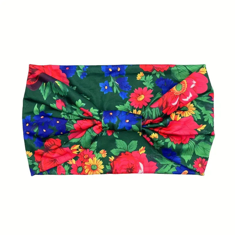 Polish Folk Floral Knotted Wide Elastic Headband (Dark Green)