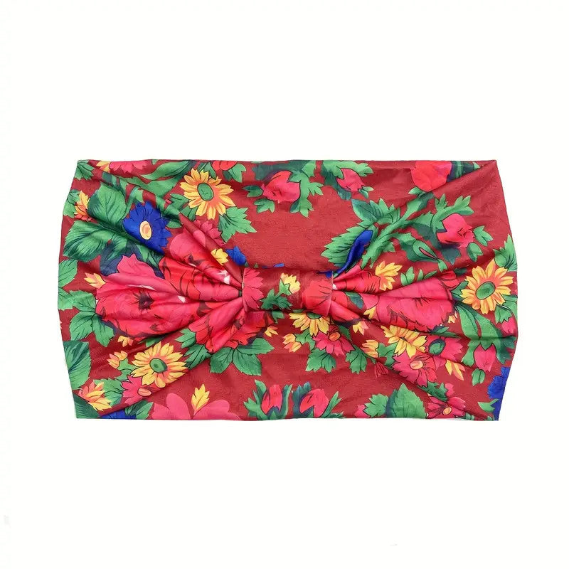 Polish Folk Floral Knotted Wide Elastic Headband (Red)