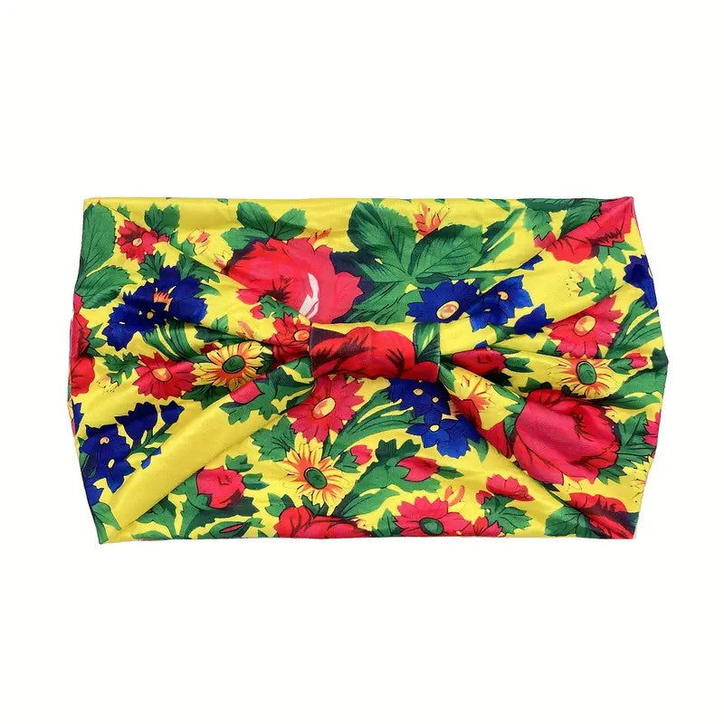 Polish Folk Floral Knotted Wide Elastic Headband (Yellow)