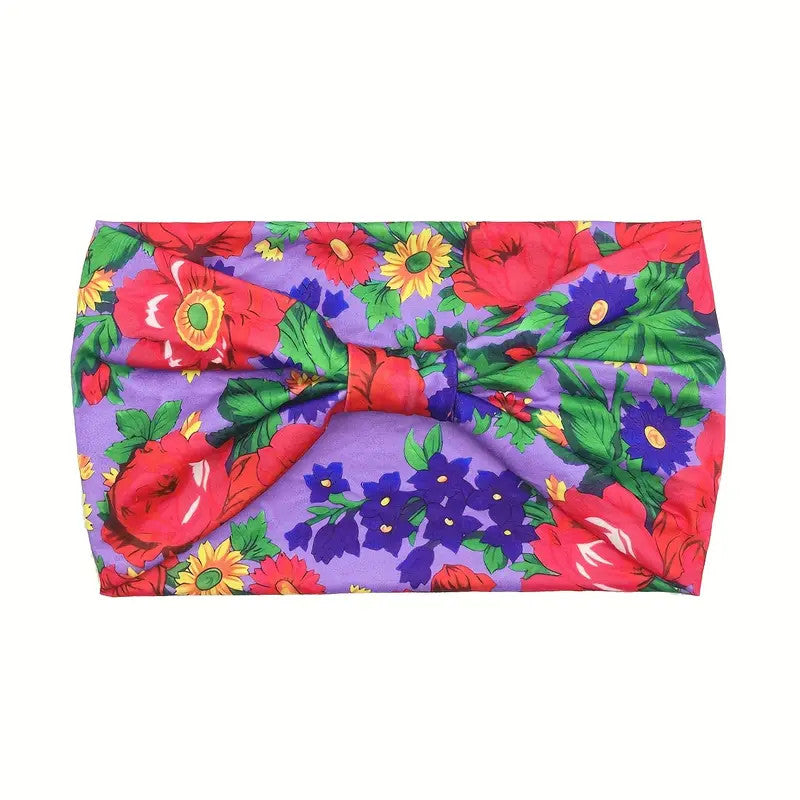 Polish Folk Floral Knotted Wide Elastic Headband (Purple)
