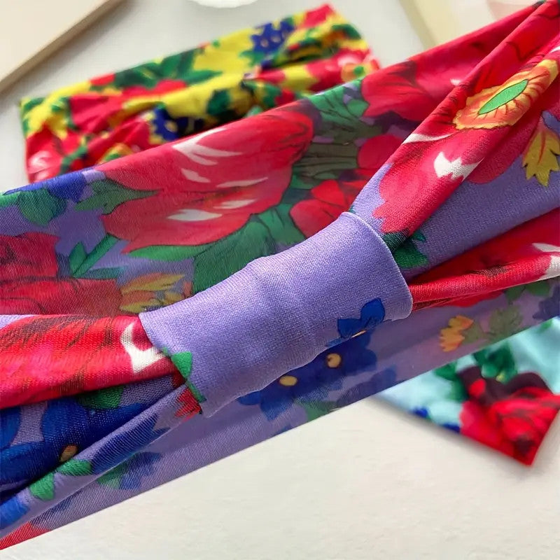 Polish Folk Floral Knotted Wide Elastic Headband (Purple)