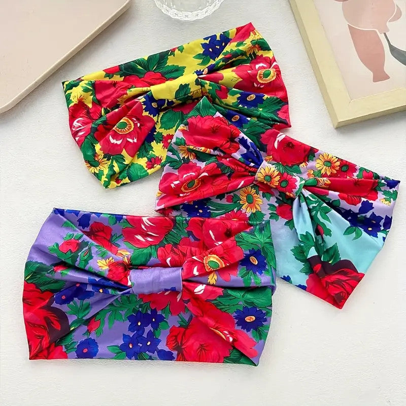 Polish Folk Floral Knotted Wide Elastic Headband (Light Purple/Teal)