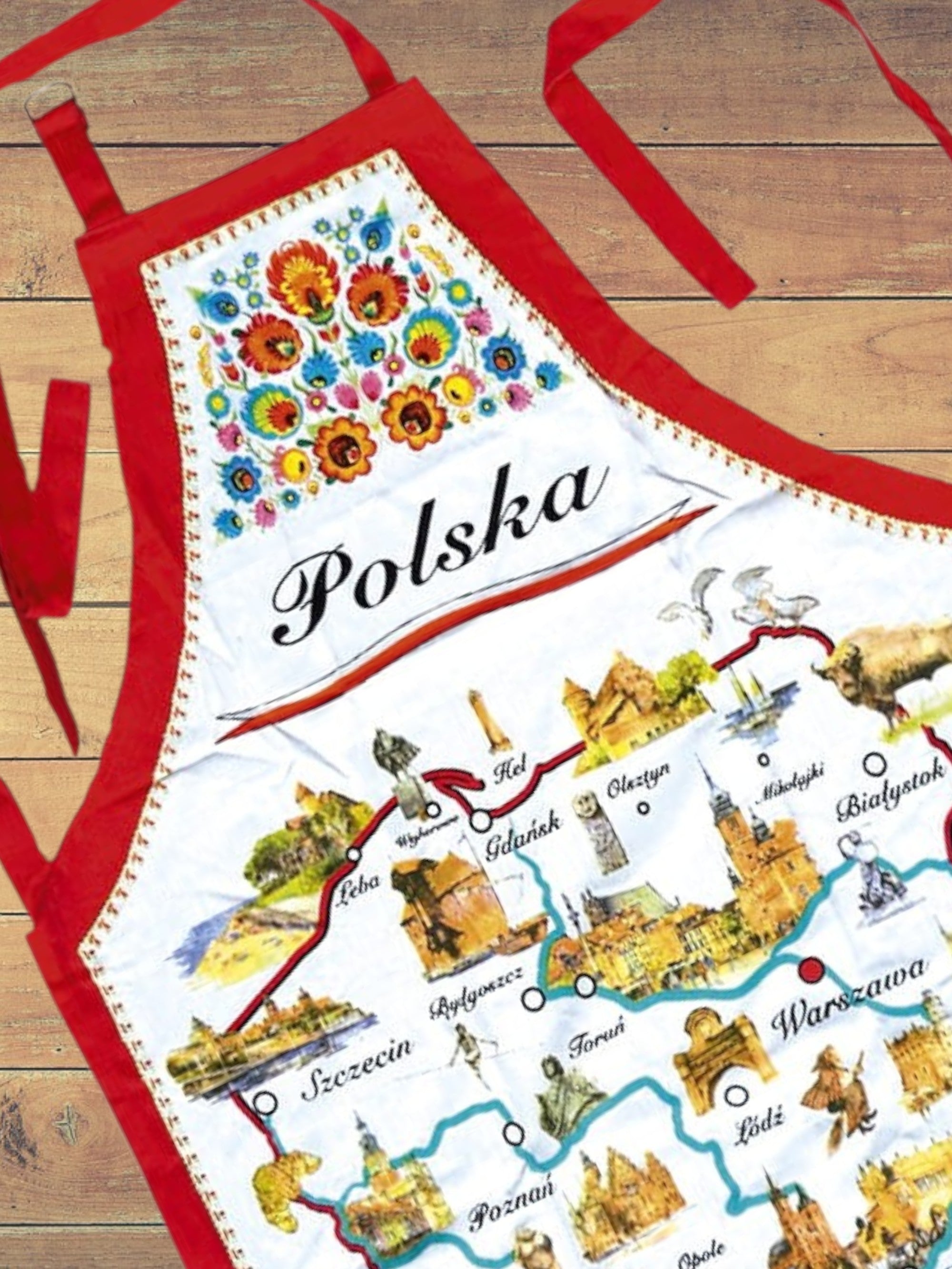Polish Folk Art Kitchen Apron with Map of Poland