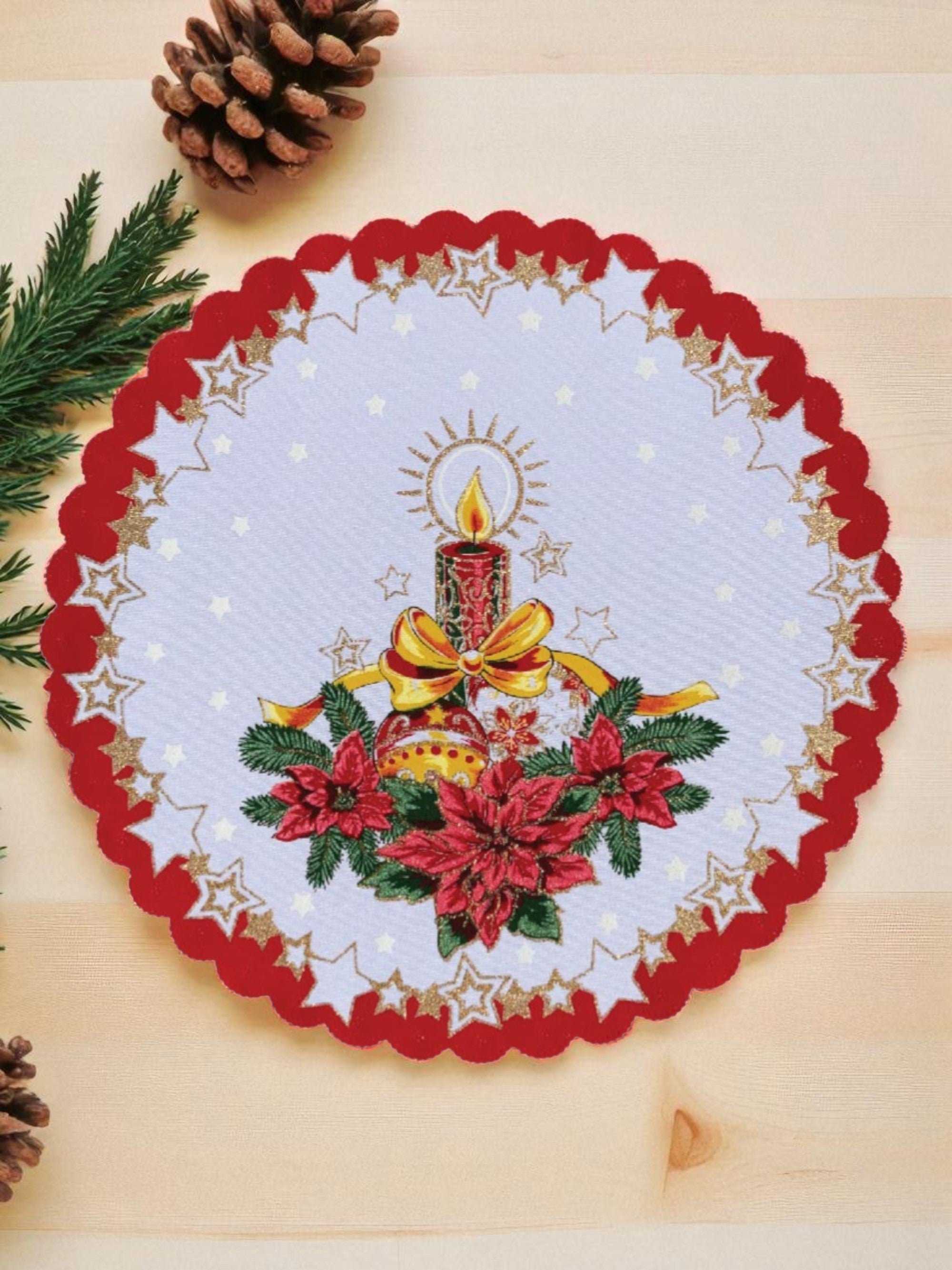 Polish Christmas Ornamental Poinsettia Round Table Doily 14"x 14" (Red)