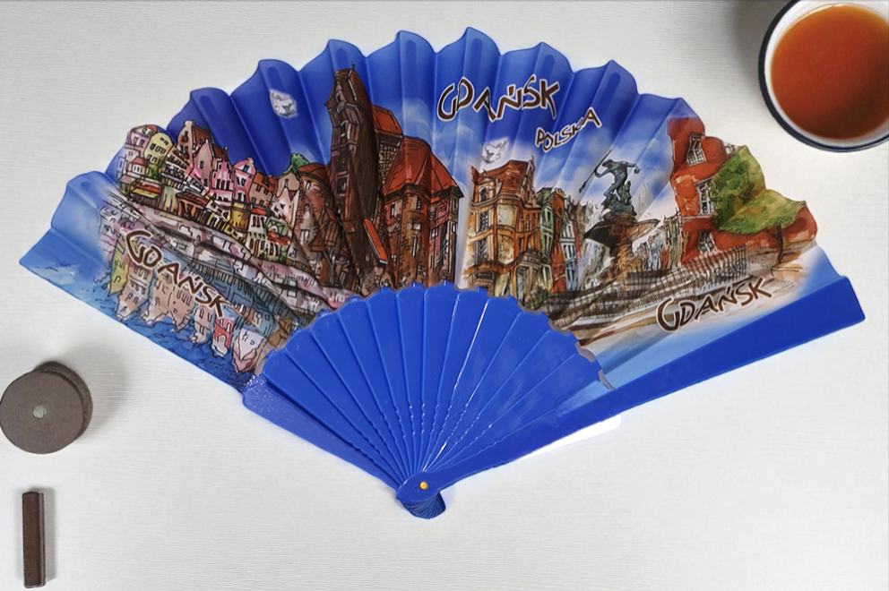 Polish Folk Art Handheld Folding Fan, Gdansk Landscape