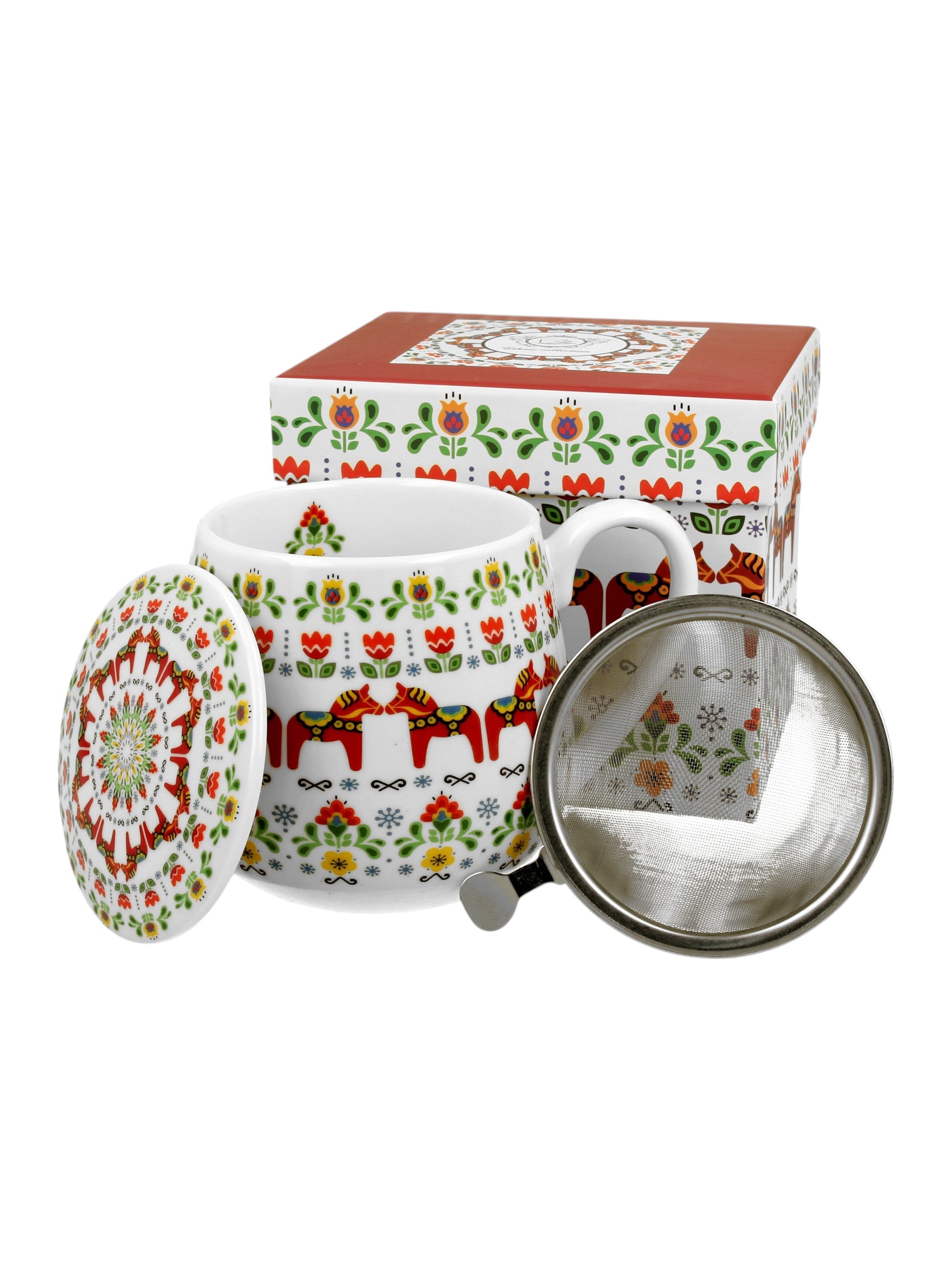 Polish Folk Art Porcelain Barrel Mug with Tea Infuser & Lid, 430ml - Scandinavian Horses