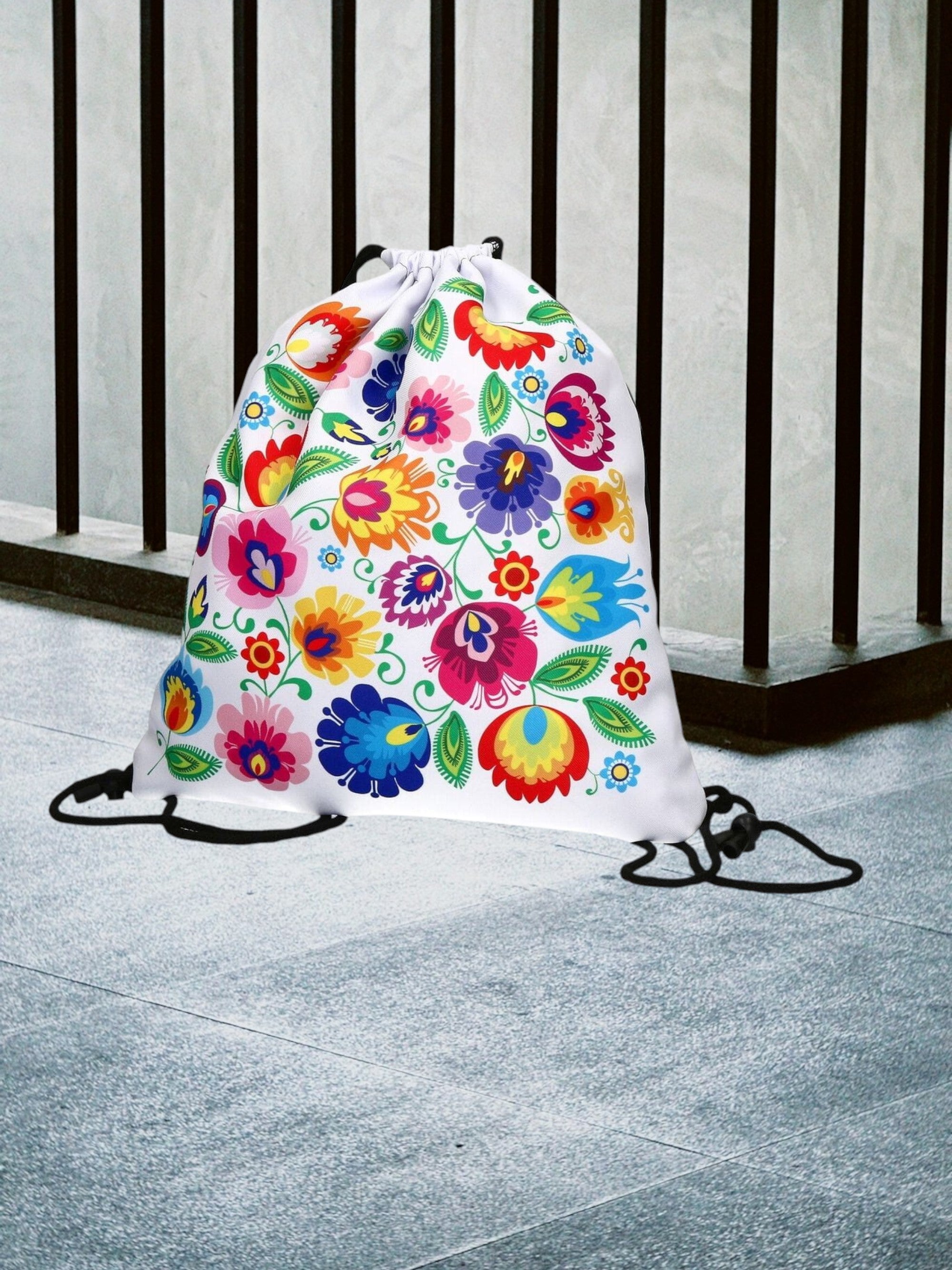 Polish Folk Art Floral Drawstring Sport Backpack, Lowicz White