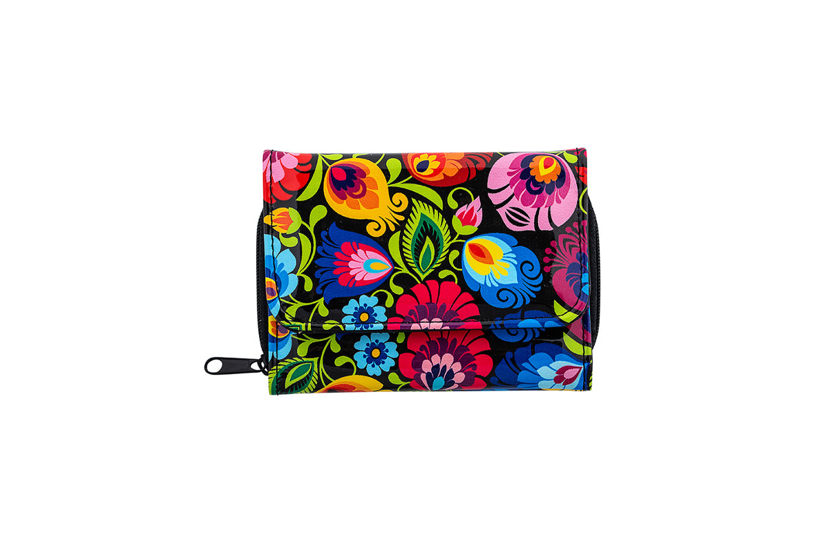 Women's Small Polish Folk Art Compact Bifold Pocket Wallet (Black)