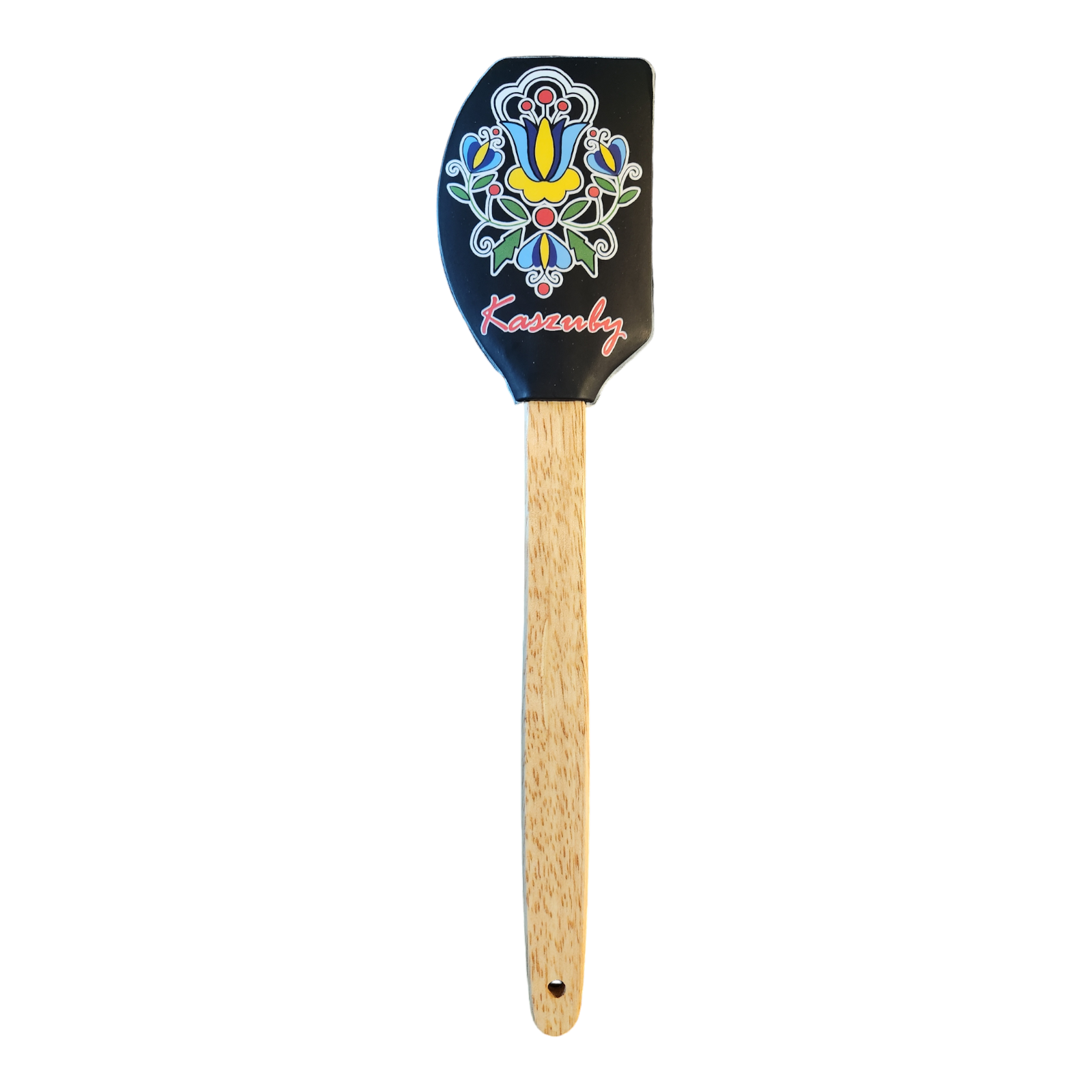 Polish Folk Art Kashubian Non-Scratch Spatula with Wooden Handle, Black Folk