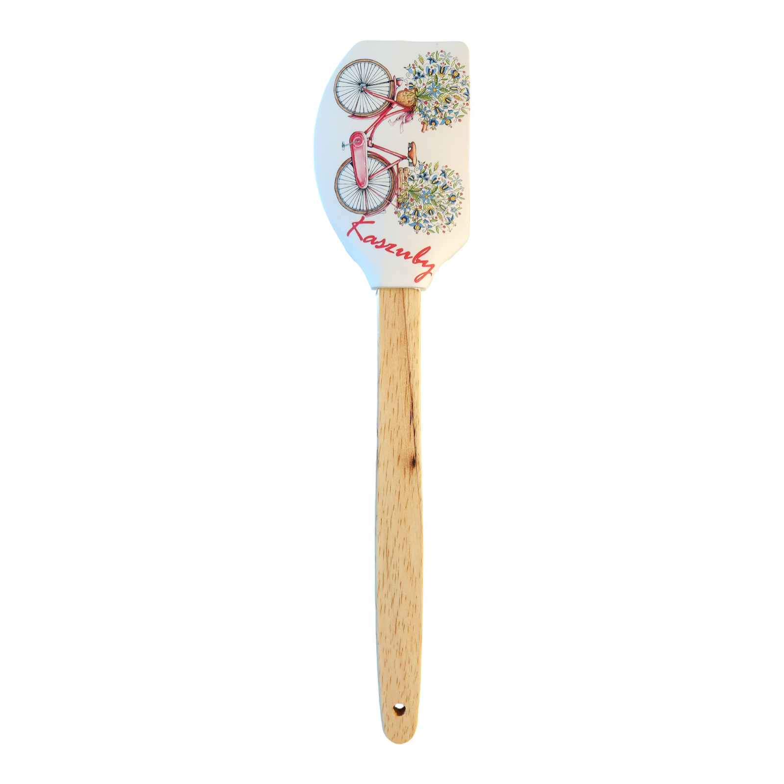 Polish Folk Art Kashubian Non-Scratch Spatula with Wooden Handle, Folk Bike