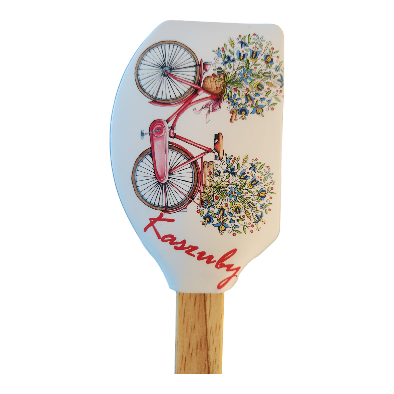 Polish Folk Art Kashubian Non-Scratch Spatula with Wooden Handle, Folk Bike