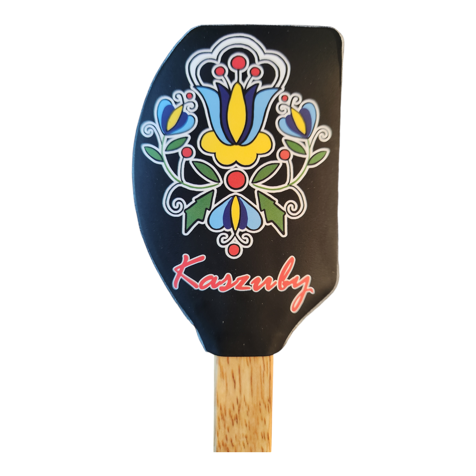 Polish Folk Art Kashubian Non-Scratch Spatula with Wooden Handle, Black Folk