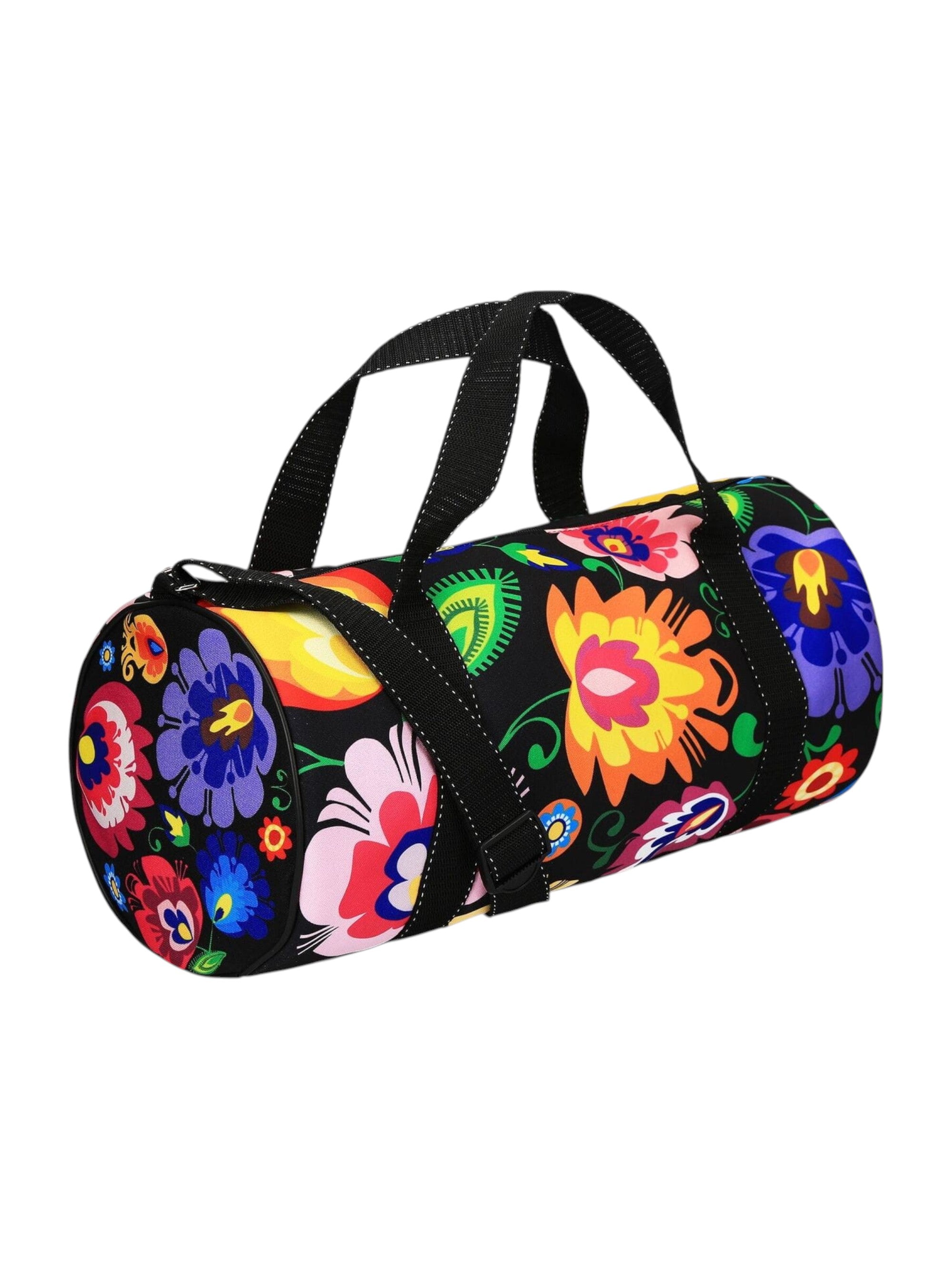 Polish Folk Art Floral Sport Duffel Bag, Lowicz Black