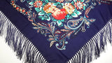 Traditional Polish Folk Shawl with Fringes - Exclusive Russian Collection - Navy - Taste of Poland
 - 2