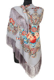 Traditional Polish Folk Shawl with Fringes - Exclusive Russian Collection - Grey