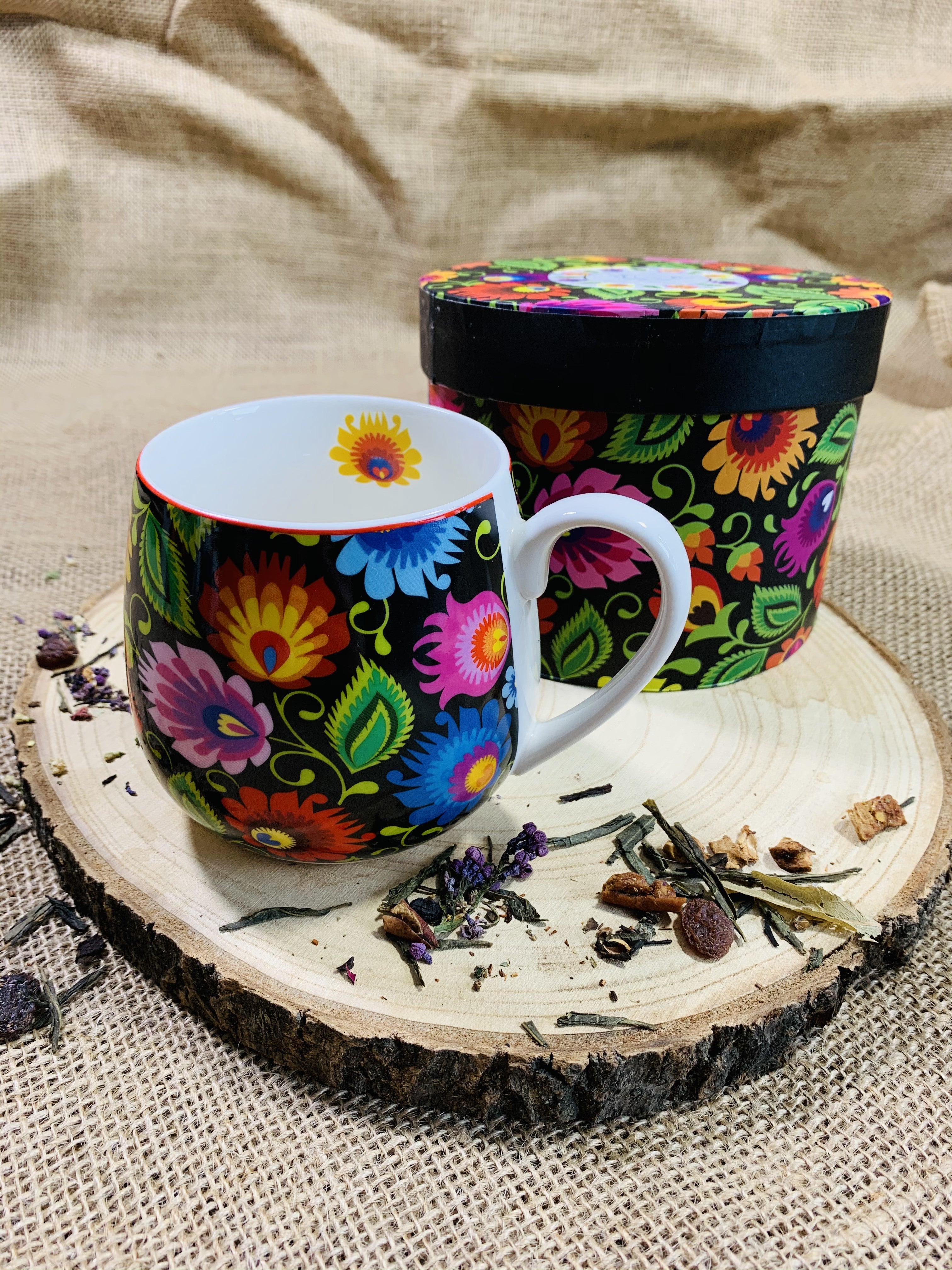 Polish Folk Art Porcelain Barrel Mug, 430ml - Lowicz Black