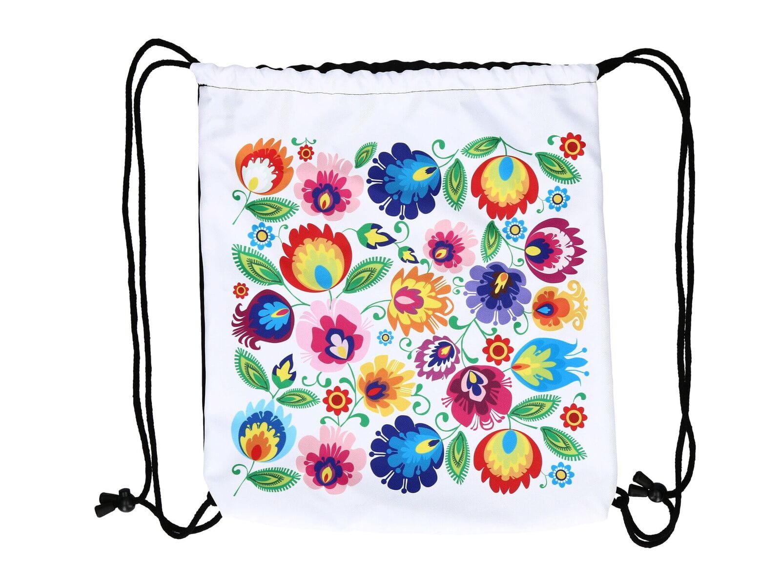 Polish Folk Art Floral Drawstring Sport Backpack, Lowicz White