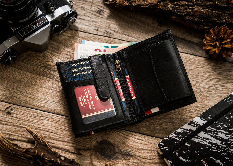 Vertical Leather Wallet Embossed with Square Polish Eagle & White and Red Trim