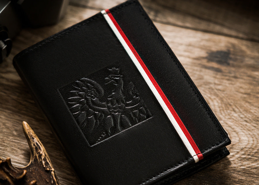 Vertical Leather Wallet Embossed with Square Polish Eagle & White and Red Trim