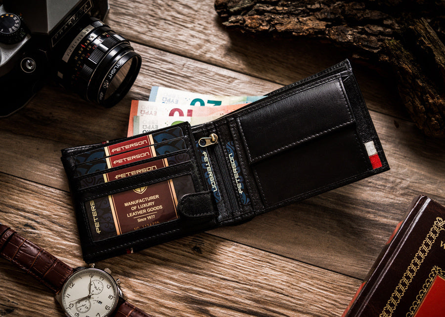 Horizontal Leather Wallet Embossed with Square Polish Eagle & White and Red Trim