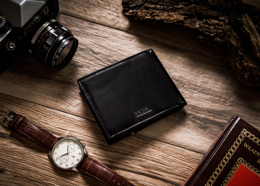 Horizontal Leather Wallet Embossed with Square Polish Eagle & White and Red Trim