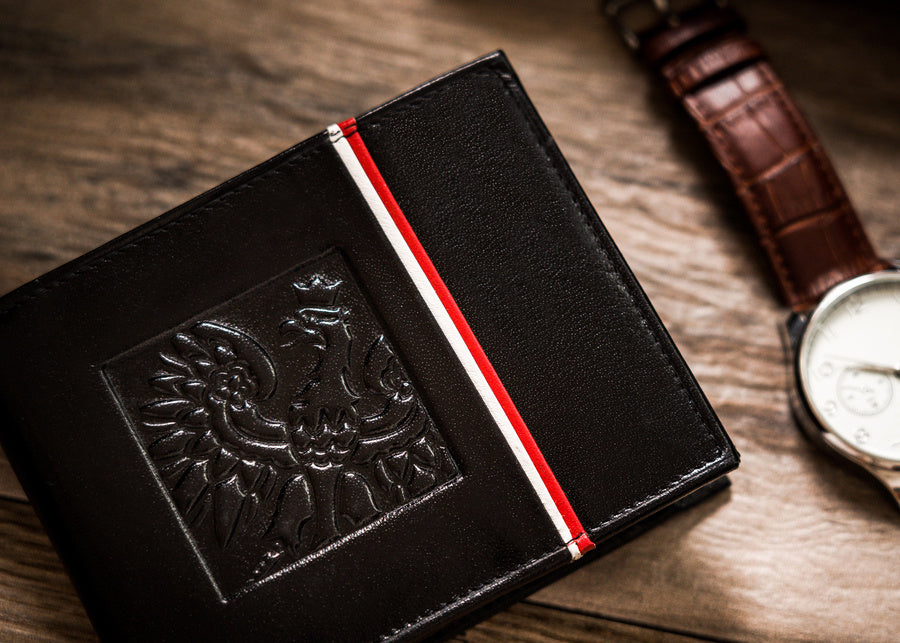 Horizontal Leather Wallet Embossed with Square Polish Eagle & White and Red Trim