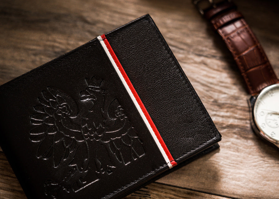 Horizontal Leather Wallet Embossed with Polish Eagle & White and Red Trim