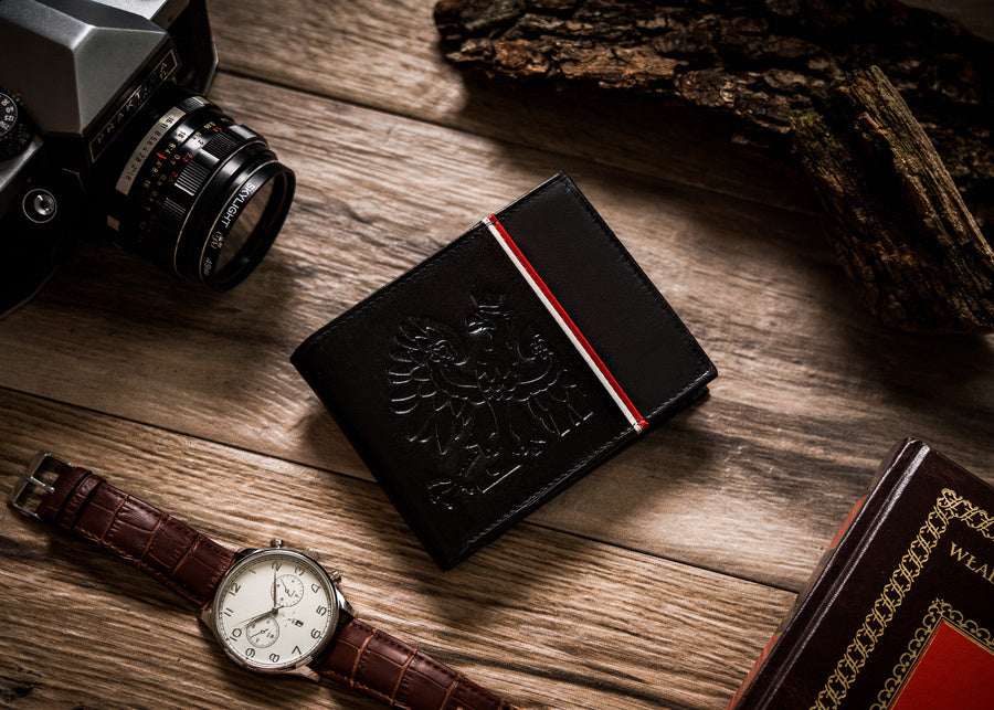 Horizontal Leather Wallet Embossed with Polish Eagle & White and Red Trim