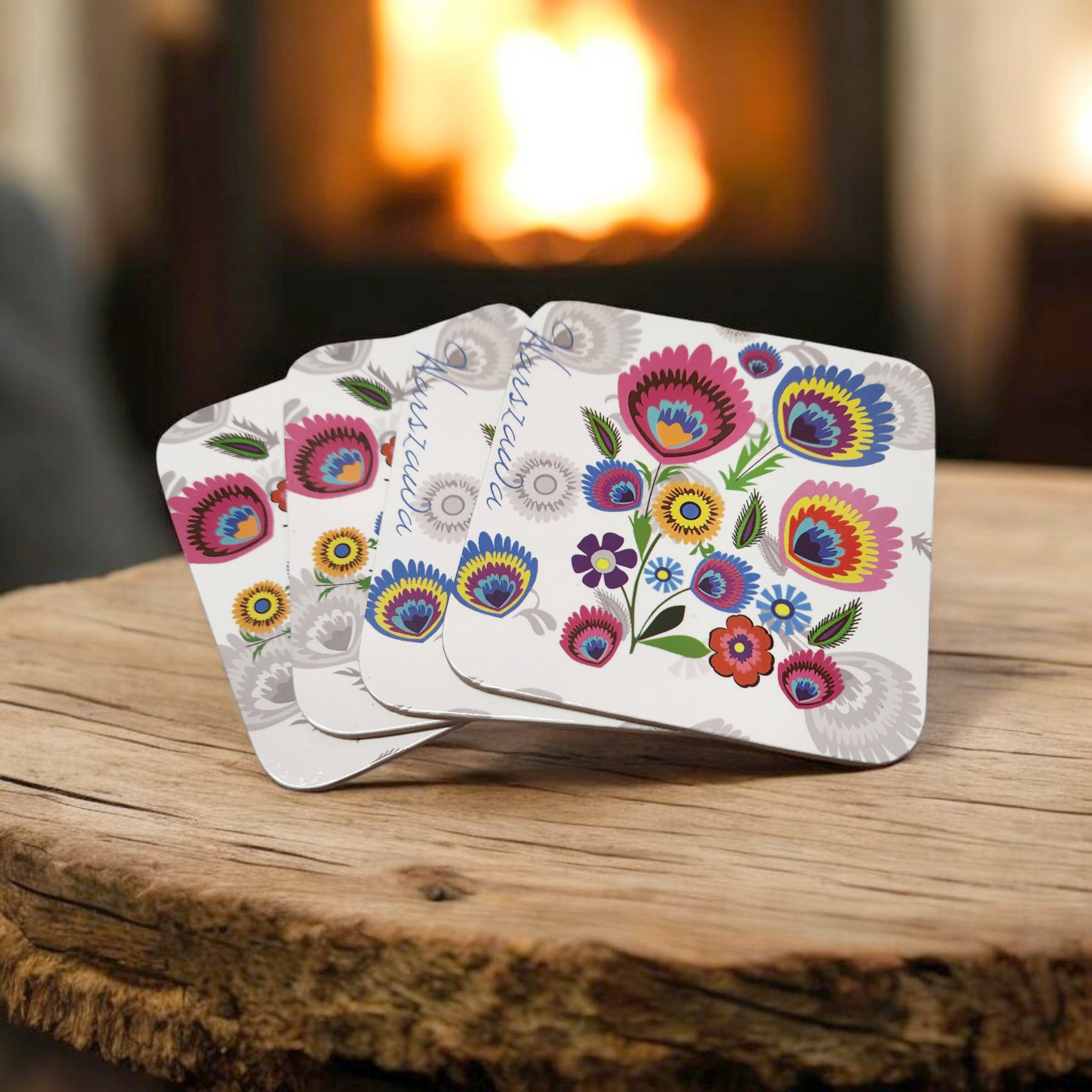 Polish Lowicz Folk Art Cork Coasters, Set of 4