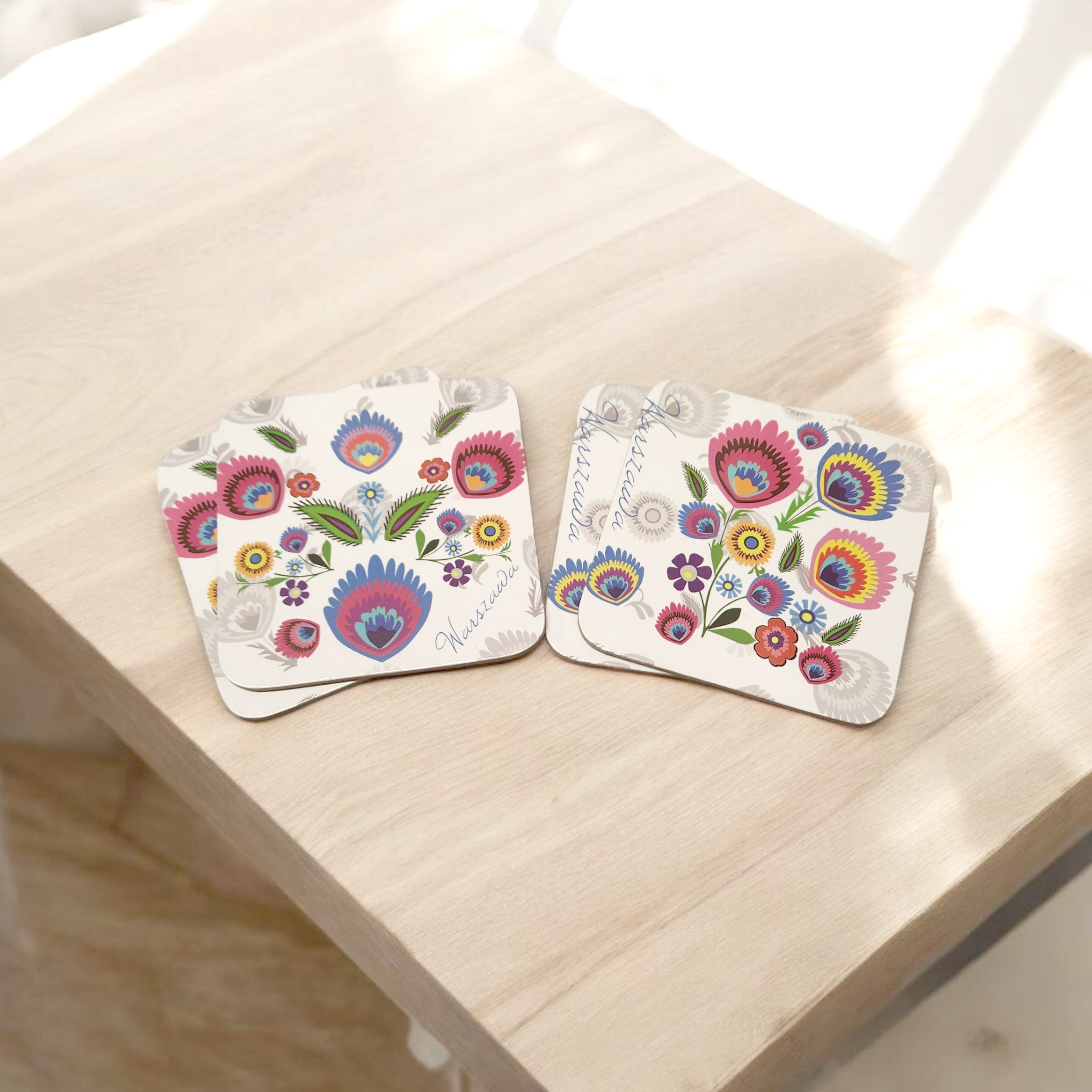 Polish Lowicz Folk Art Cork Coasters, Set of 4
