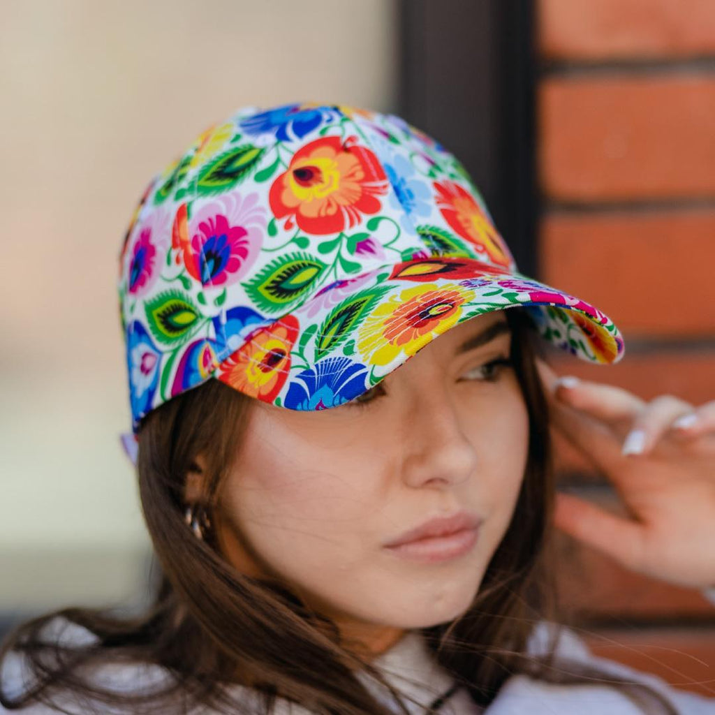 Polish Folk Art Floral Baseball Cap (Lowicz White)