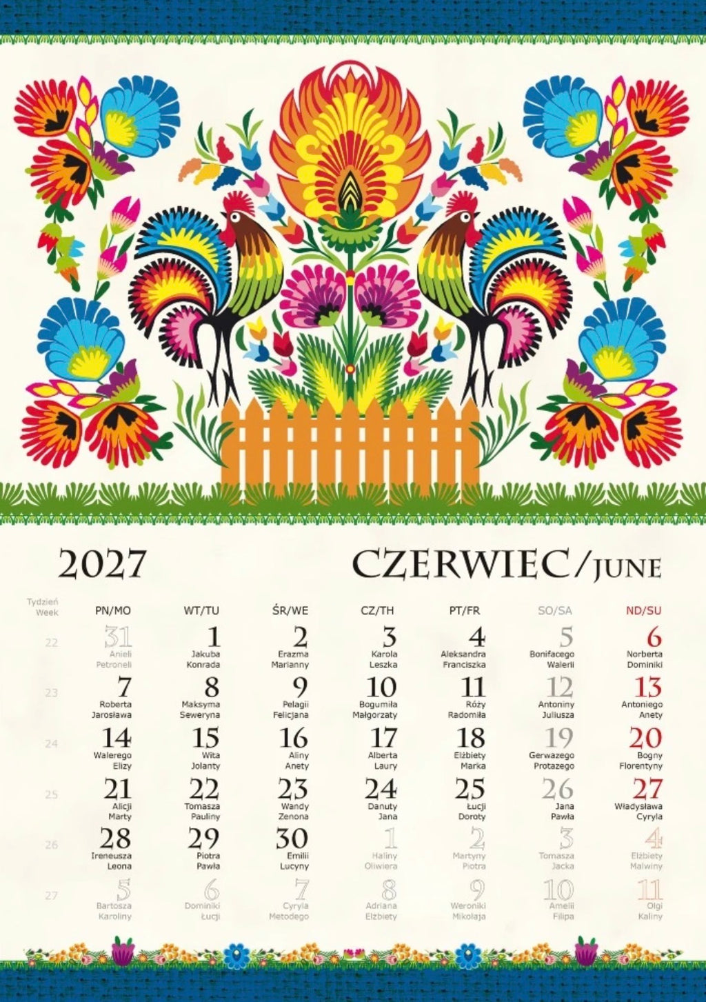 2027 Polish Folk Art Wall Calendar (Bilingual)