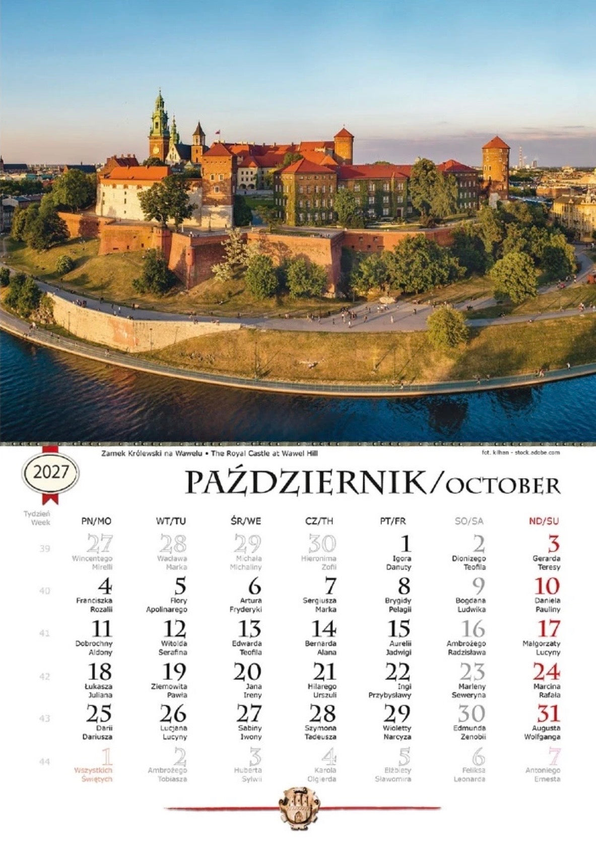 2027 Polska Poland KRAKOW Landscape Wall Calendar (Bilingual)