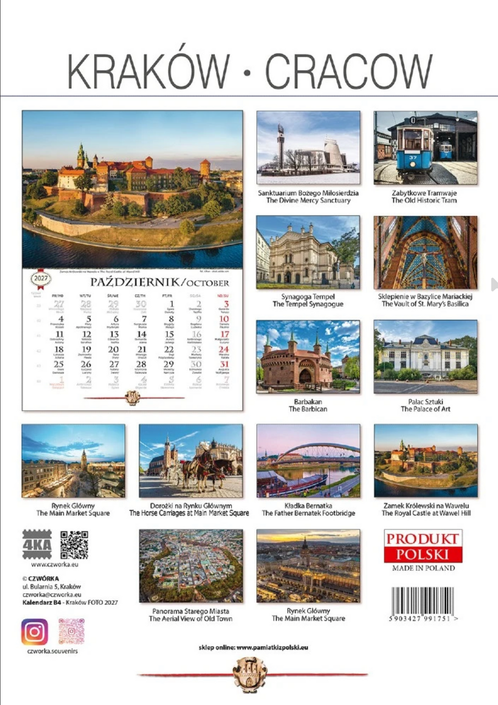 2027 Polska Poland KRAKOW Landscape Wall Calendar (Bilingual)