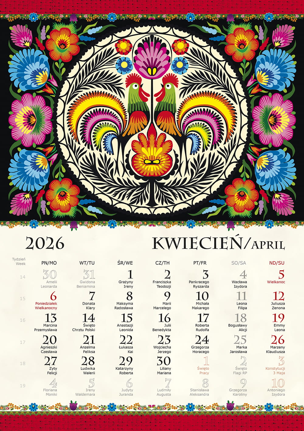 2026 Polish Folk Art Wall Calendar (Bilingual)