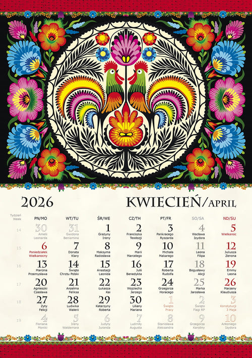 2026 Polish Folk Art Wall Calendar (Bilingual)