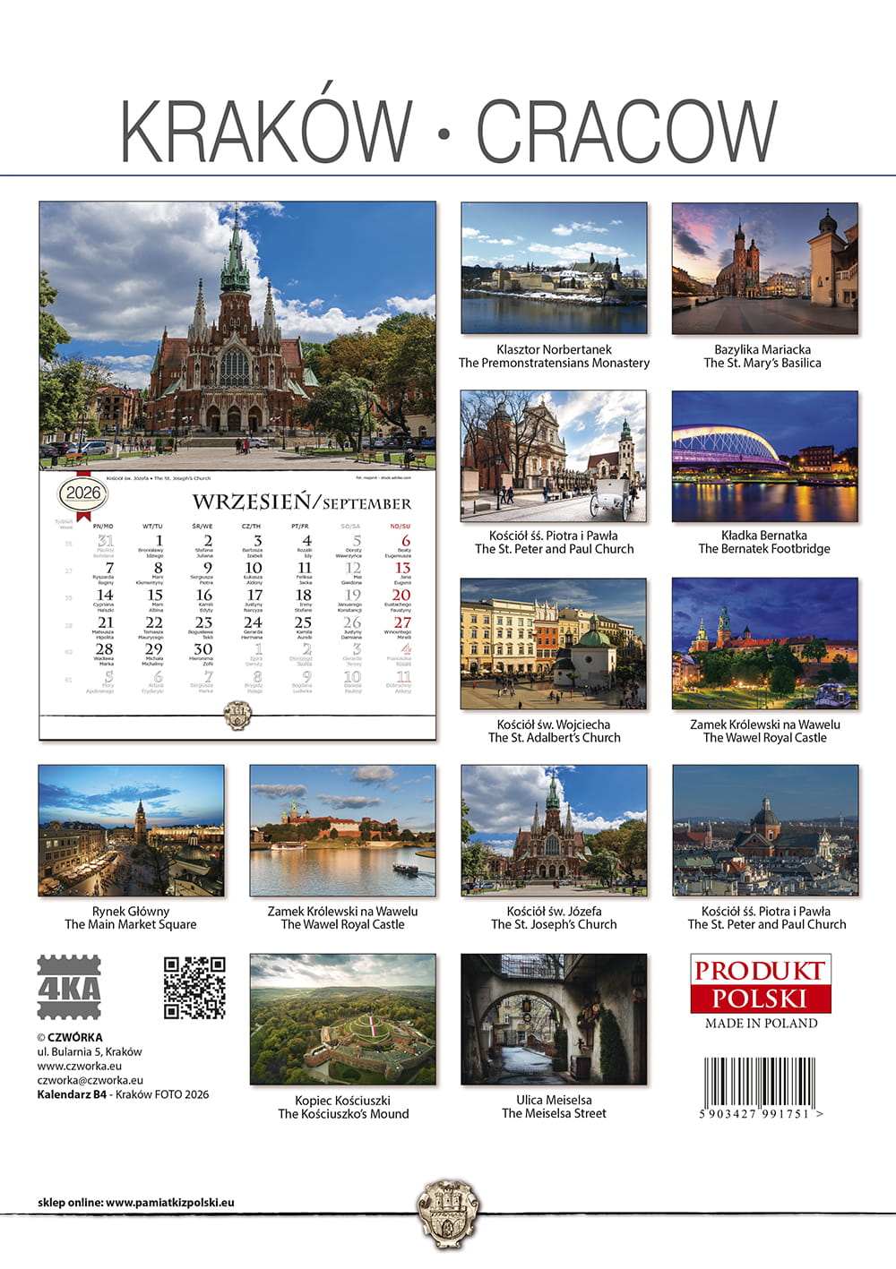 2026 Polska Poland KRAKOW Landscape Wall Calendar (Bilingual)