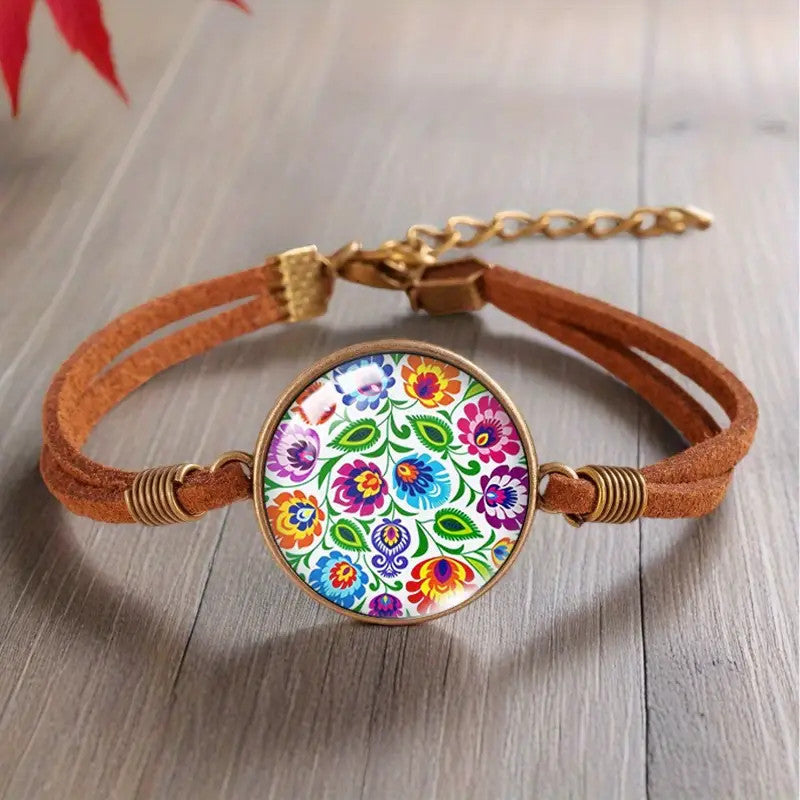Polish Folk Art Faux Leather Bracelet (Lowicz White)