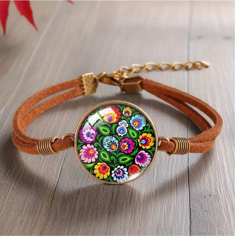 Polish Folk Art Faux Leather Bracelet (Lowicz Black)