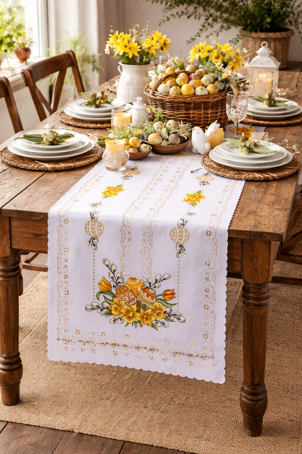 Polish Traditional Easter Eggs with Pussy Willows Table Runner 39"x20" (White)