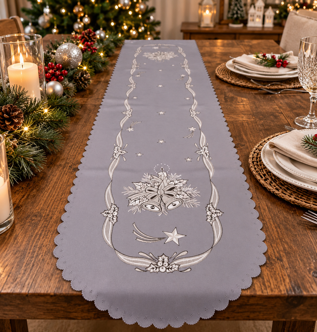 Polish Christmas Table Runner 14"x 51" - Grey with Scalloped Edges