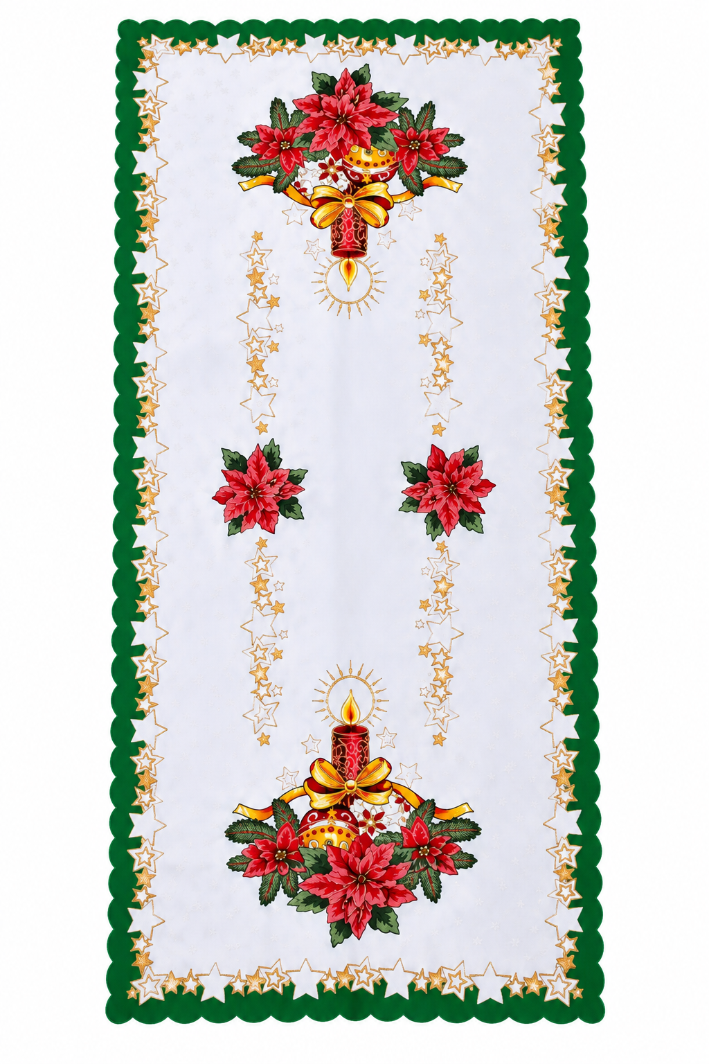 Polish Christmas Ornamental Poinsettia Table Runner 20"x 39" Green