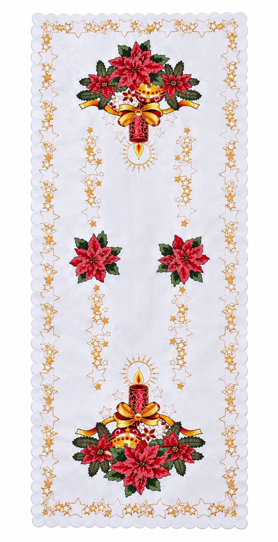 Polish Christmas Ornamental Poinsettia Table Runner 20"x 39" White