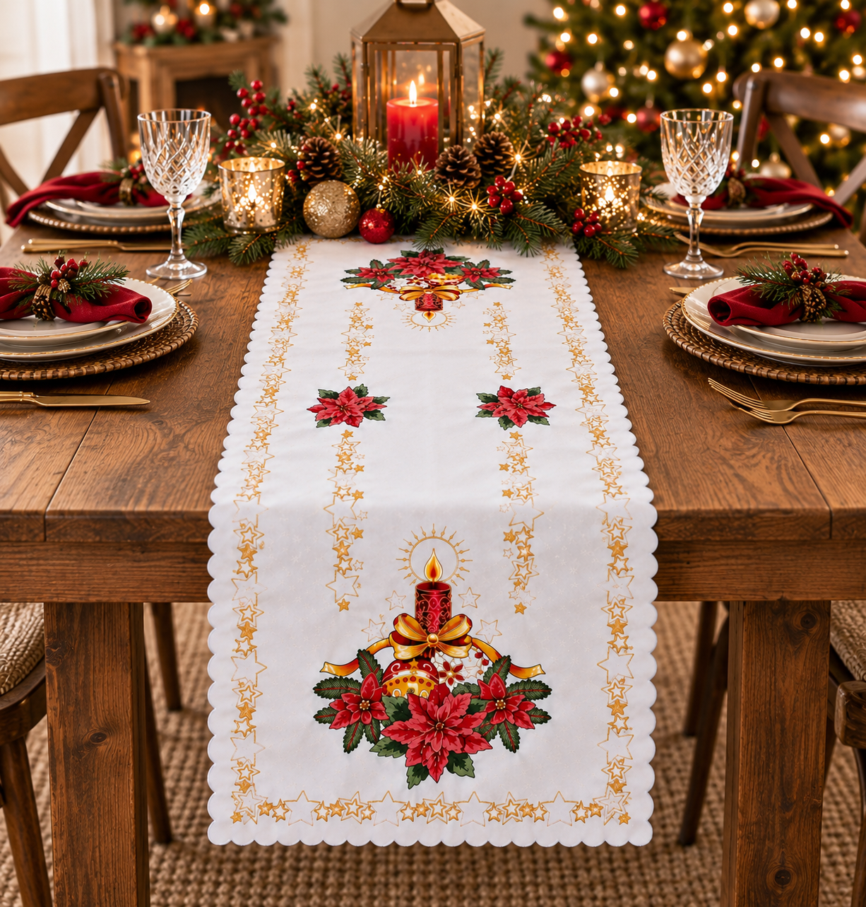 Polish Christmas Ornamental Poinsettia Table Runner 20"x 39" White