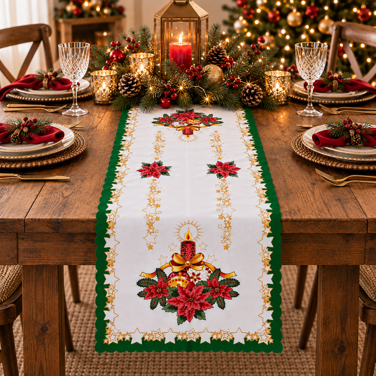 Polish Christmas Ornamental Poinsettia Table Runner 20"x 39" Green