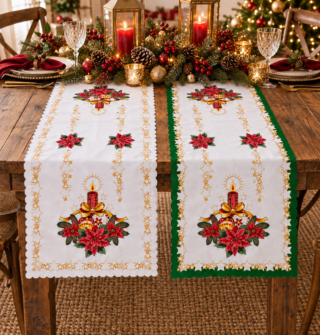 Polish Christmas Ornamental Poinsettia Table Runner 20"x 39" White