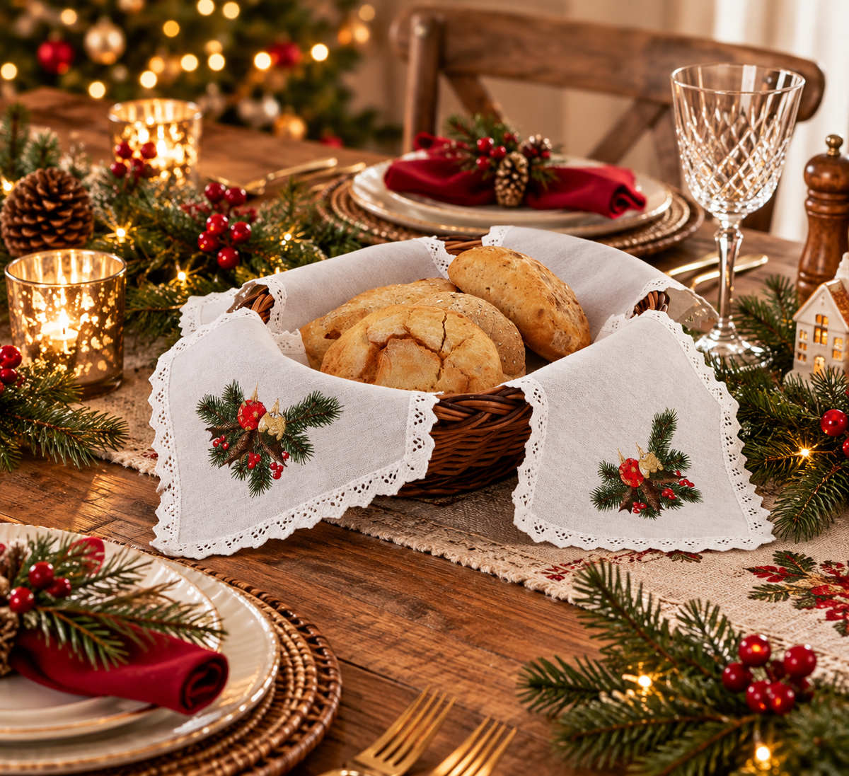 Polish Christmas Mistletoe Candles Bread Basket Liner Bun Warmer Doily